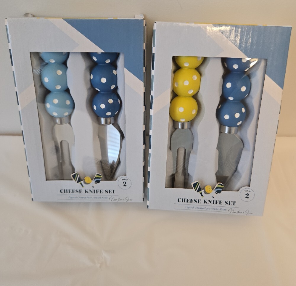 2 Pickleball Cheese Knife Sets • Set of 2 • Blue & Yellow / Blue Duo